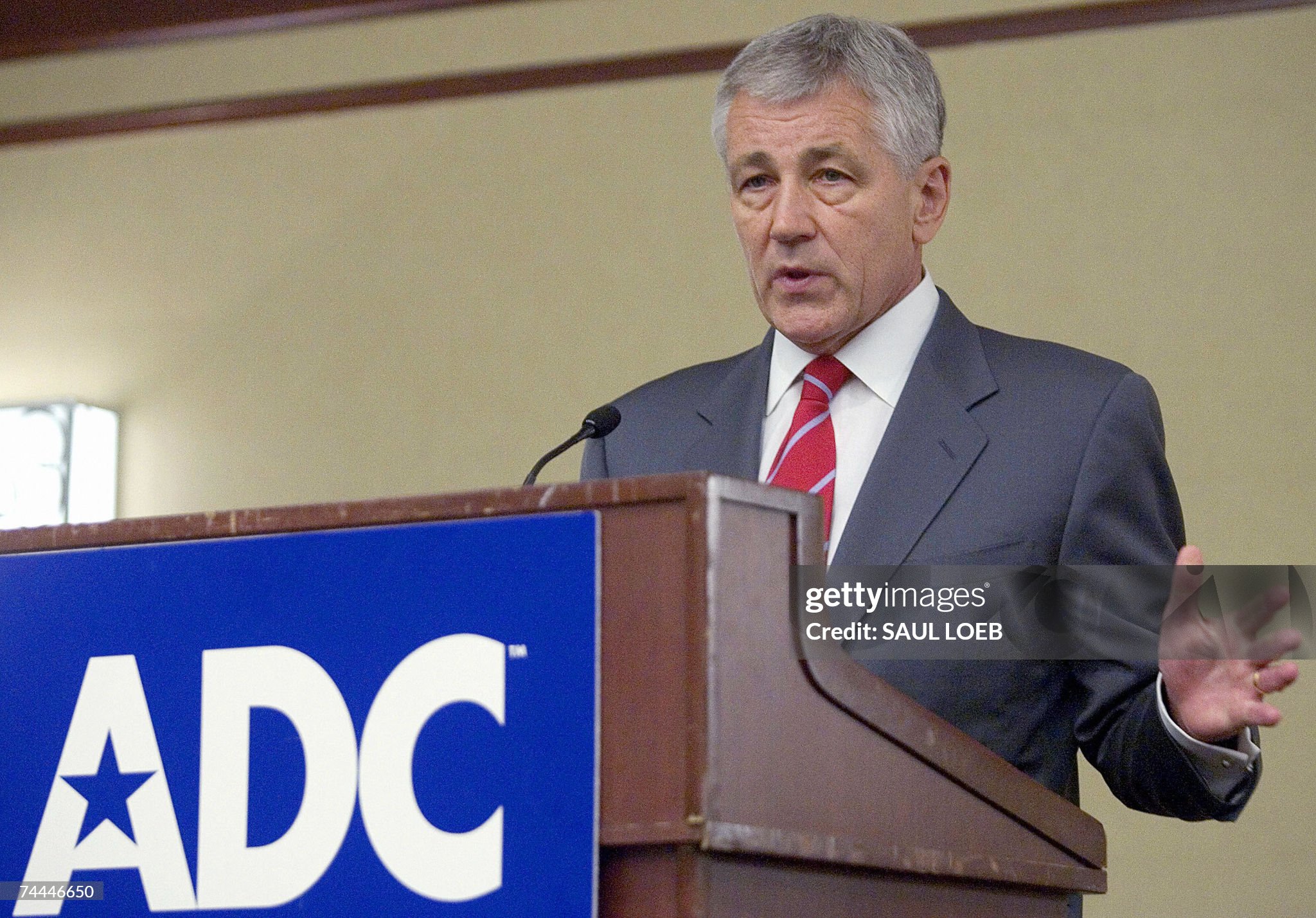 US Senator Chuck Hagel, a Republican from Nebraska, speaks at a luncheon sponsored by the American-Arab Anti-Discrimination Committee (ADC)